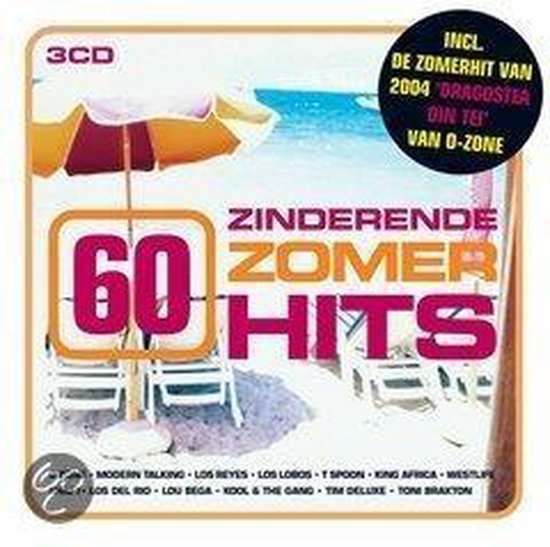 CD-hoes met strandthema, parasol en ligstoelen, tekst: 60 Zinderende Zomerhits, incl. zomerhit 2004 Dragostea Din Tei.