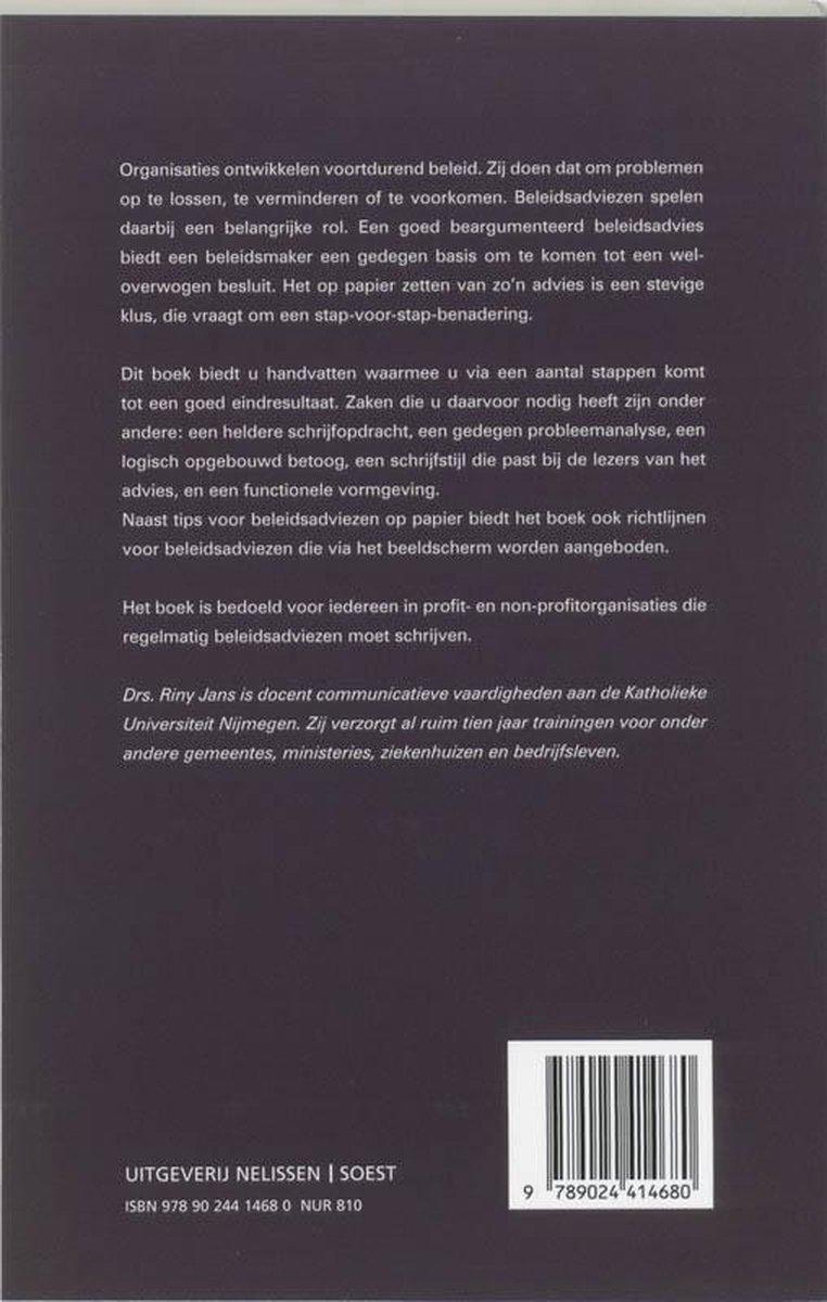 Achterkant van een boek met tekst over het schrijven van beleidsadviezen en een barcode.
