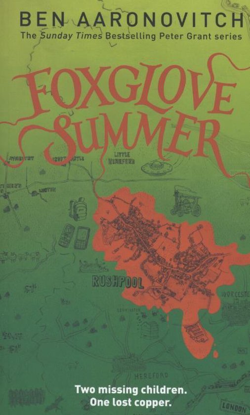 Omslag van het boek Foxglove Summer, met een groene kaart en rode vlek.