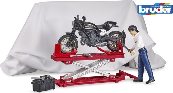 Officina Moto Giocattolo Bruder Bworld - Con Ducati Scrambler, Ponte Sollevatore E Meccanici, Multicolore