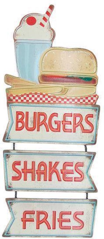 Signs-USA Burgers Shakes Fries - Retro Wandbord - Metaal - 72x29 cm