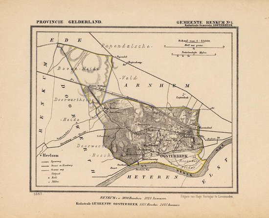 Historische kaart, plattegrond van gemeente Renkum ( Oosterbeek) in Gelderland uit 1867 door Kuyper van Kaartcadeau.com