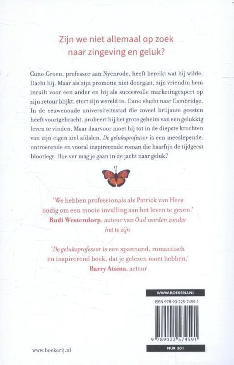 Boekomslag met tekst over 'De geluksprofessor' en een vlinder.