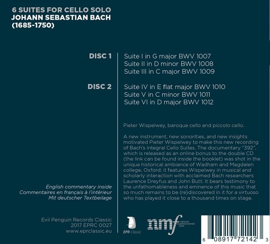 Boekje met twee cd's met Bach's 6 cellosuites, uitvoerder Pieter Wispelwey. Bevat tracklistings en Engelse, Franse en Duitse commentaren.