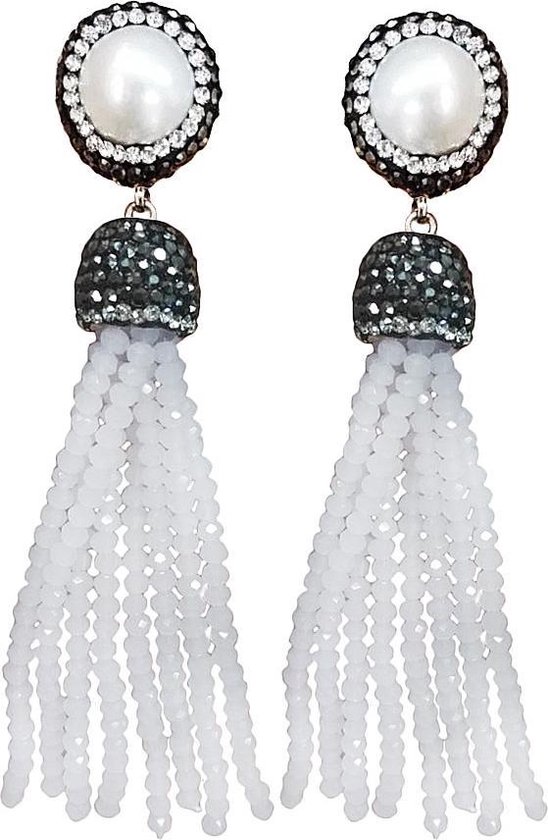 Boucle d'oreille perle d'eau douce Pompon en Crystal White Pearl brillante