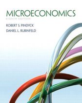 Leerboek Microeconomics (achtste editie) van Pindyck en Rubinfeld met abstracte kleurrijke gebogen lijnen.