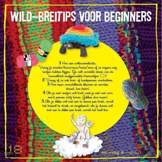 Boekomslag met breiprojecten en het opschrift 'WILD-BREITIPS VOOR BEGINNERS'. Een gehaakt schildpadje met regenboogmuts zit bovenop.