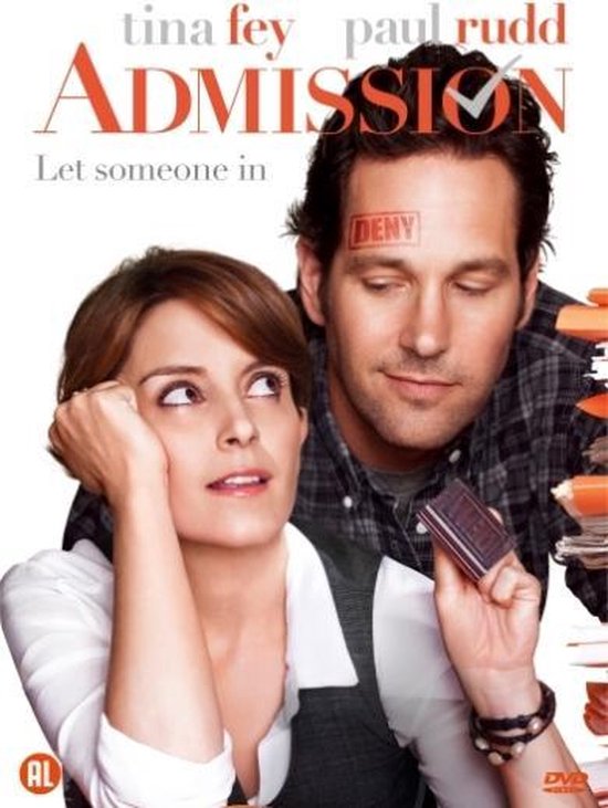 Poster van de film 'Admission' met Tina Fey en Paul Rudd. Rudd heeft 'DENY' op zijn voorhoofd gestempeld.