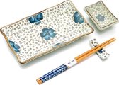 Sushi set met bord, schaaltje, eetstokjes/chopsticks en oplegger voor eetstokjes – Bruin/Crème/Blauw