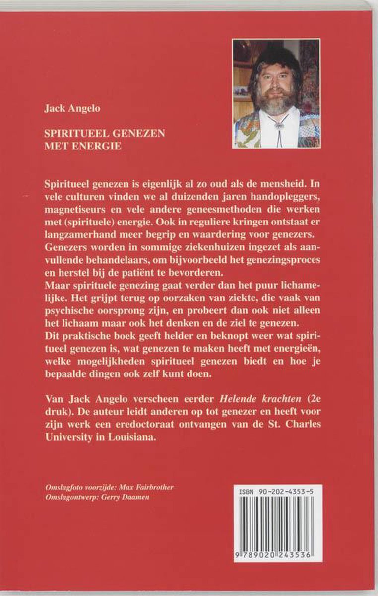 Achterkant van het boek 'Spiritueel Genezen Met Energie' van Jack Angelo, met een foto van de auteur.