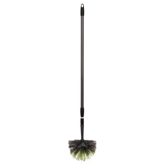Uitschuifbare bezem met donkergrijze steel en een ronde spinnenrager met groene en grijze borstelharen.