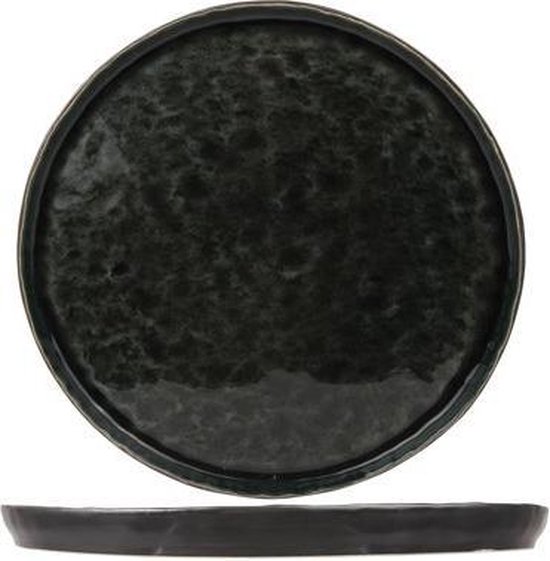 Une assiette plate verte à surface irrégulière et marbrée, avec un bord ondulé.