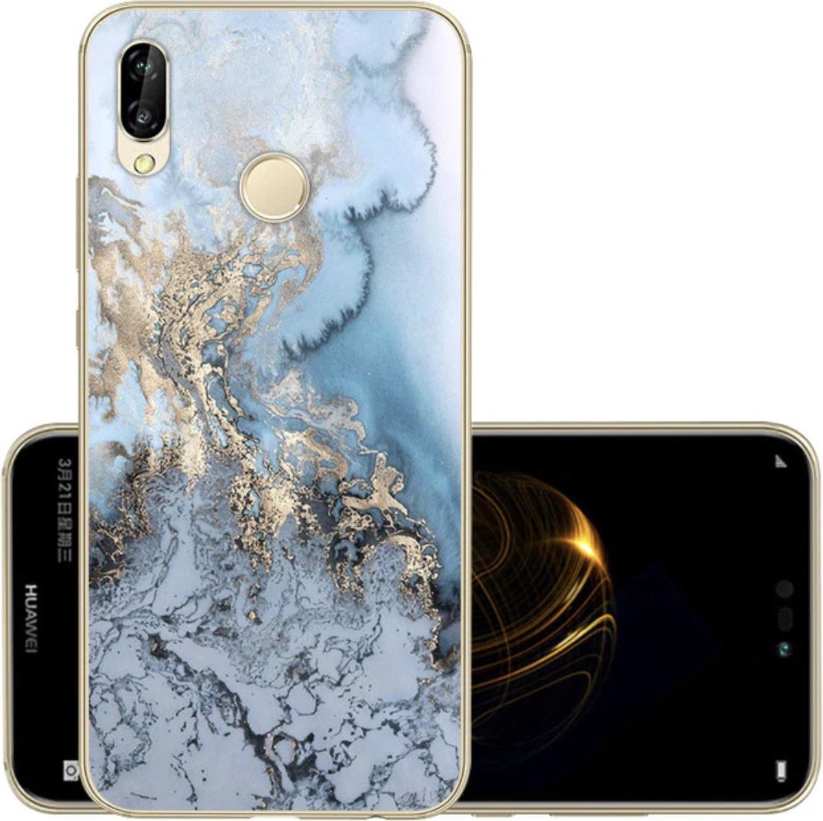 Luxe Soft Back Cover voor Huawei P20 Lite - Marmer - Hoogwaardig TPU Hoesje - Blauw - Goud - Siliconen Case