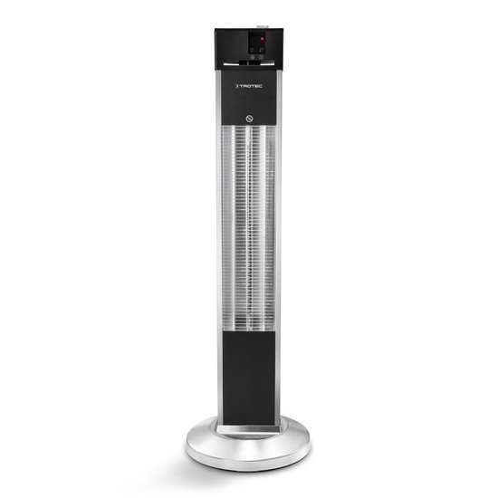 Trotec staande terrasverwarmer met zilveren voet en zilverkleurige lamellen in een zwart omhulsel.