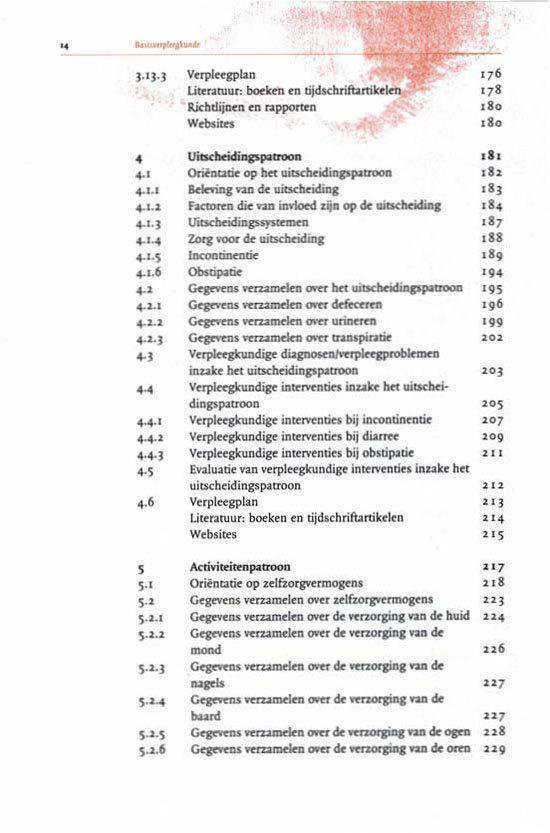 Inhoudsopgave van een boek met de titels Verpleegplan, Uitscheidingspatronen, Activiteitenpatronen, Gegevens verzamelen, Verpleegkundige interventies, Evaluatie, Slaap- en rustpatronen, Cognitie- en waarnemingspatronen.