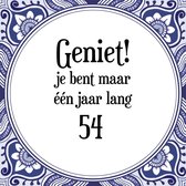 Verjaardag Tegeltje met Spreuk (54 jaar: Geniet! je bent maar één jaar 54! + cadeau verpakking & plakhanger