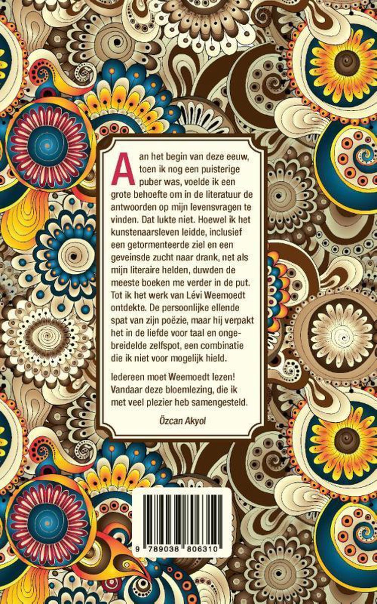 Achterkant van het boek 'Pessimisme kun je leren!' met deels leesbare tekst en een gestileerde, kleurrijke bloemen- en paisley-print op de omslag. Bevat een barcode.
