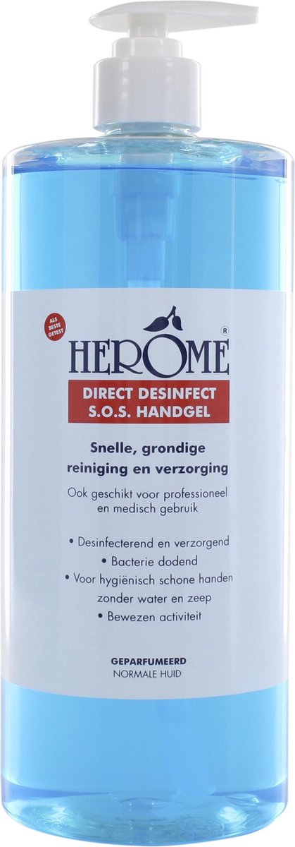 Herome Direct Desinfect Handgel Double Active flacon met pomp - Desinfecterende Handgel met 80% alcohol – beschermt tegen bateriën en droogt de handen niet uit - 1000ml. - Herome