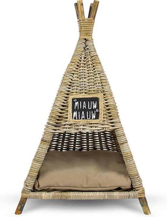 Tipi pour Chien + Coussin Rotin Miel Jaune-Noir J-line