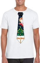 Wit kerst T-shirt voor heren - Kerstman en kerstboom stropdas print XL