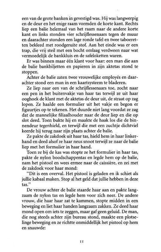 Pagina 11 van een boek met beschrijving van de inrichting van een bank en het begin van een overval.