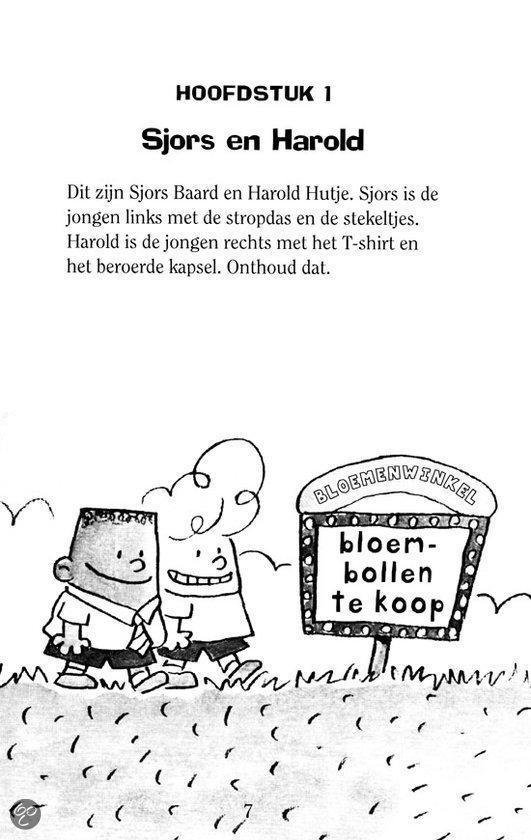 Hoofdstuk 1: Sjors en Harold. Twee jongens lopen langs een bord waarop staat 'Bloemenbollen te koop'.
