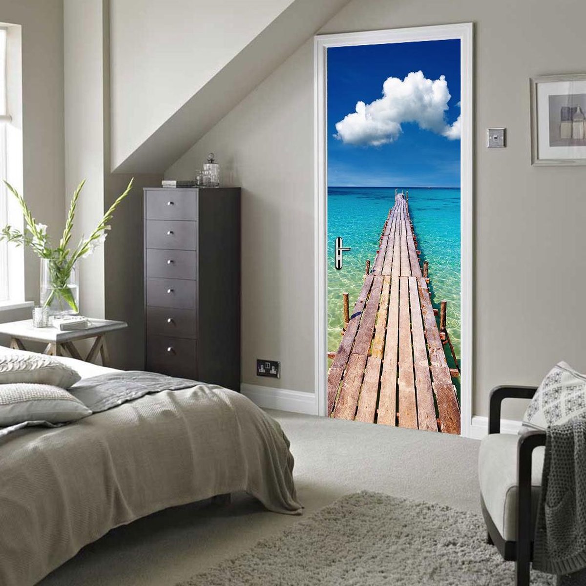 Walplus - Deur Decoratie Sticker - Strand Steiger - Multicolor