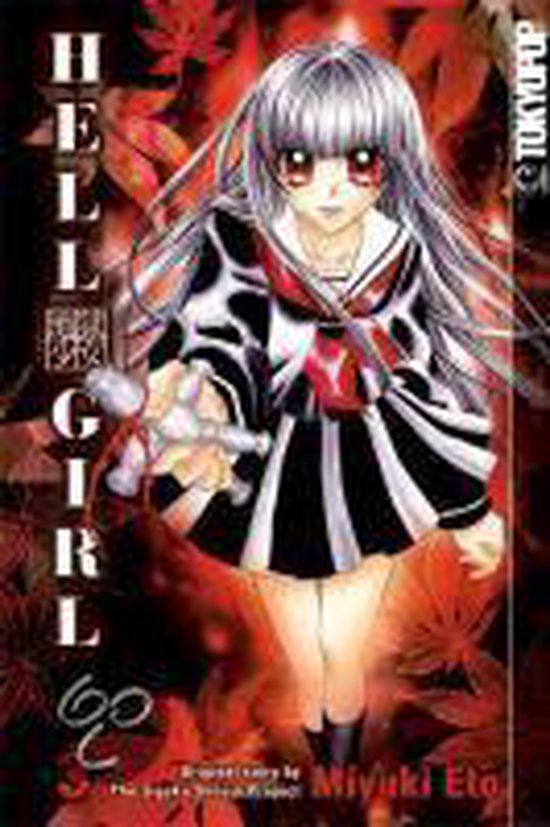 Couverture de manga avec une fille aux cheveux argentés, yeux rouges, portant un uniforme scolaire. Le titre 'Hell Girl' est affiché verticalement.