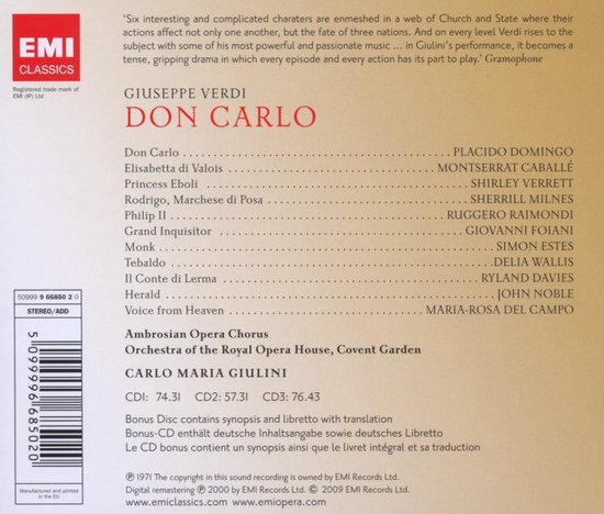 EMI Classics, Giuseppe Verdi Don Carlo. Achterkant van de hoes met tracklist en uitvoerders.