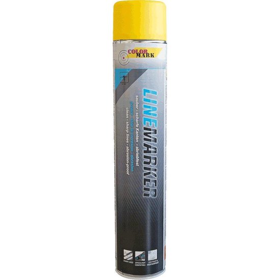 Spuitbus 'Linemarker' met gele dop en tekst in wit en grijs. Het blik heeft 'Linemarker' in grote blauwe letters.