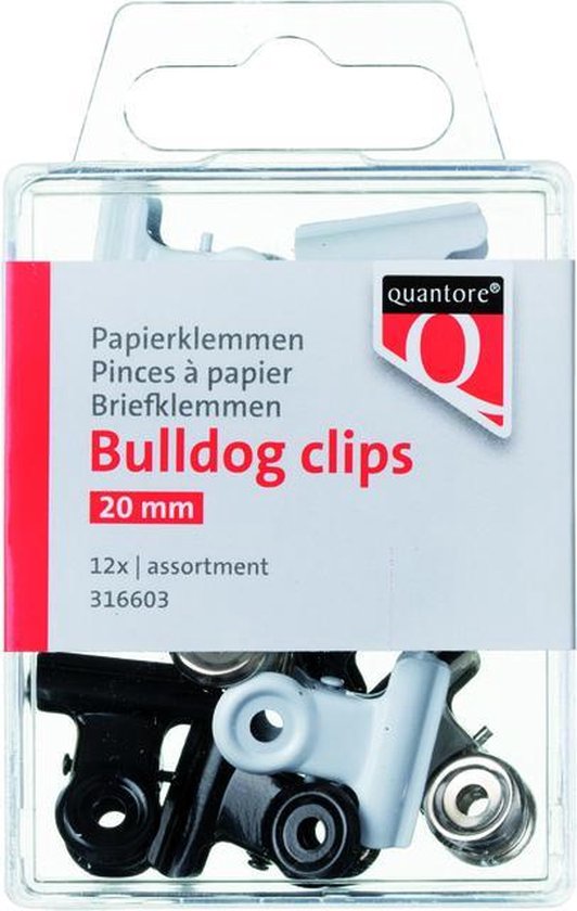 Foto: Mini papierklem bulldog quantore blister 20mm assorti 12 stuks