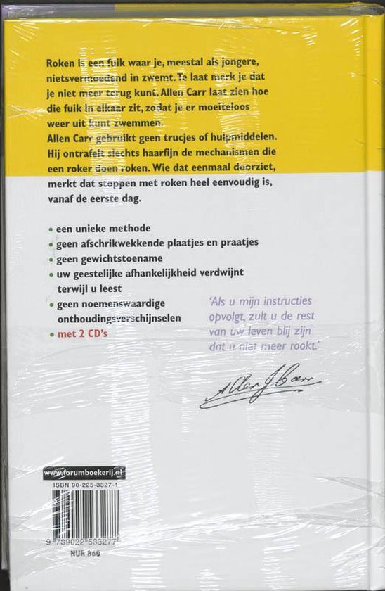 Achterkant van boek 'Stoppen met roken' van Allen Carr. Gele kaft met tekst en handtekening.