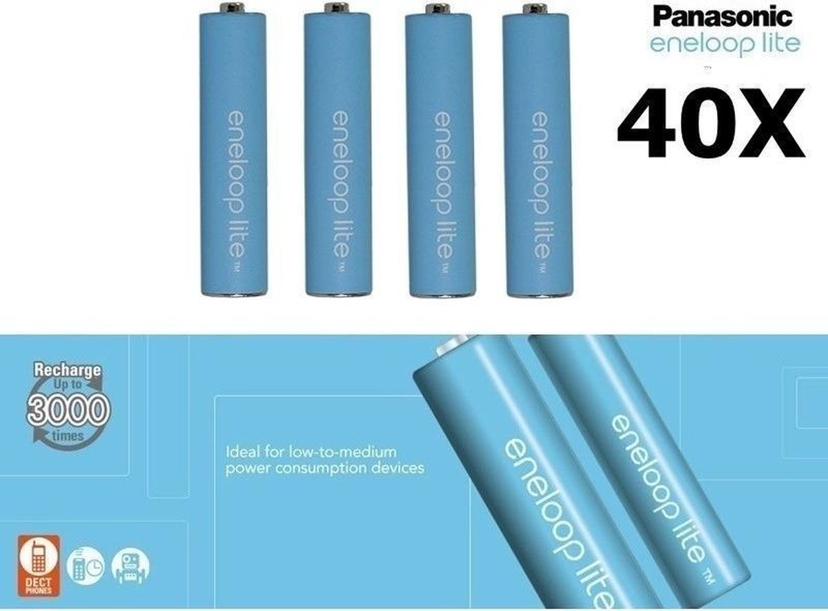 40 Stuks - AAA R3 Panasonic Eneloop Lite 1.2V 550mAh Oplaadbare Batterijen - Speciaal voor dect telefoons, Tot 3000 laadcycli - (in plastic bewaardoosje)