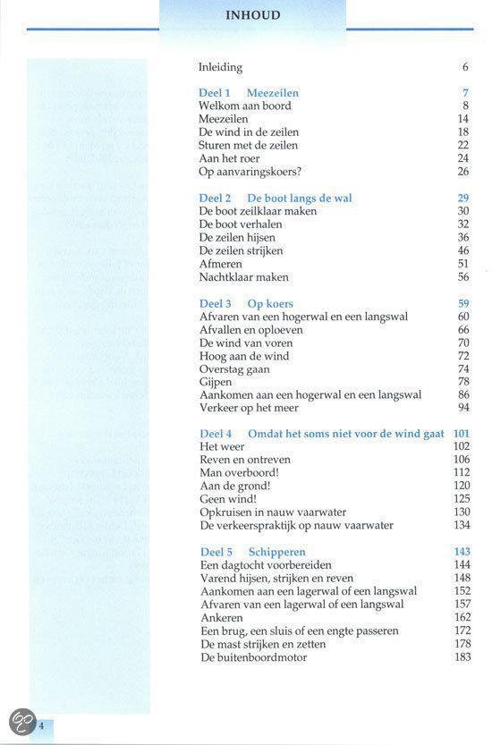 Inhoudsopgave van 'Het Zeilboek' met hoofdstuktitels en paginanummers.