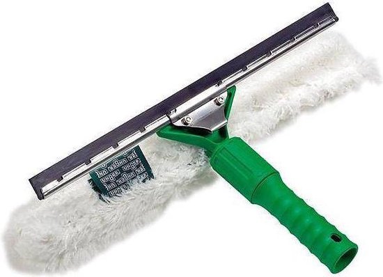 Vensterwisser met een groen handvat en een zachte, witte reiniger.