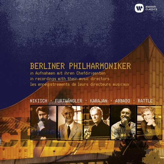 CD hoes met Warner Classics logo. Op de voorgrond vijf portretten van
chefs-dirigenten boven een gebouw. Titel "Berliner Philharmoniker in recordings
with their music directors".