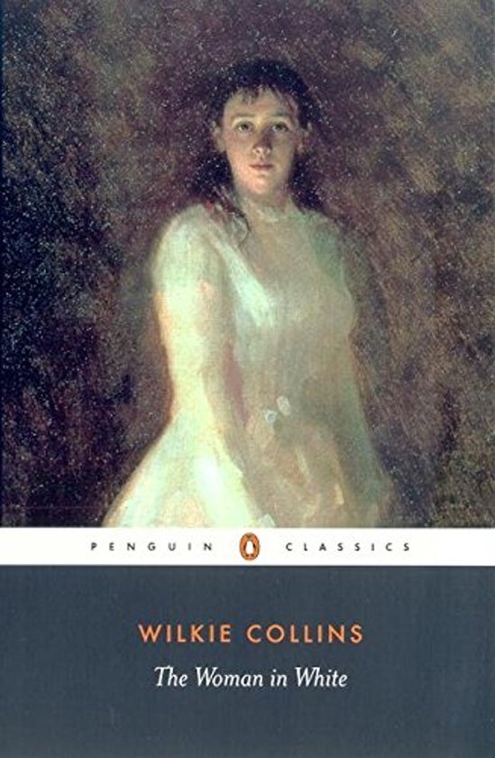 Couverture du livre 'The Woman in White' par Wilkie Collins, avec une peinture d'une femme en robe blanche.