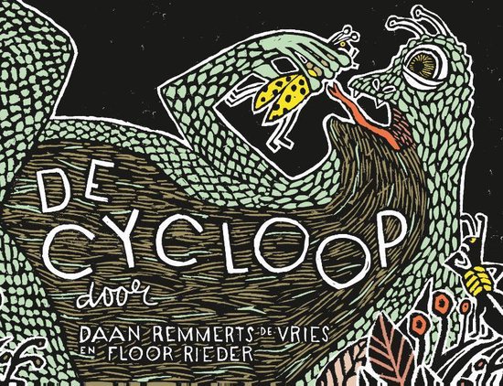 Groene draak met één oog, die een lieveheersbeestje eet. Titel 'DE CYCLOOP' en auteursnamen zichtbaar.