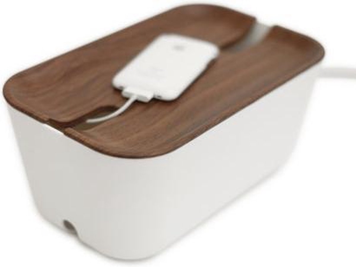 Bosign opbergbox | oplaadbox | kabelbox� medium � wit donker houten deksel 30 x 18 x 13.8 cm