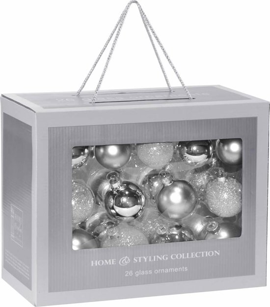 26Delige glazen kerstballen set Zilver