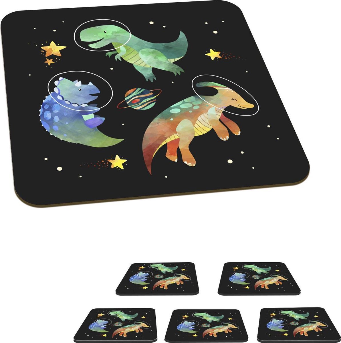Onderzetters voor glazen - Ruimte - Dinosaurus - Sterren - Kind - Jongens - Kids - Kinderen - 10x10 cm - Glasonderzetters - 6 stuks