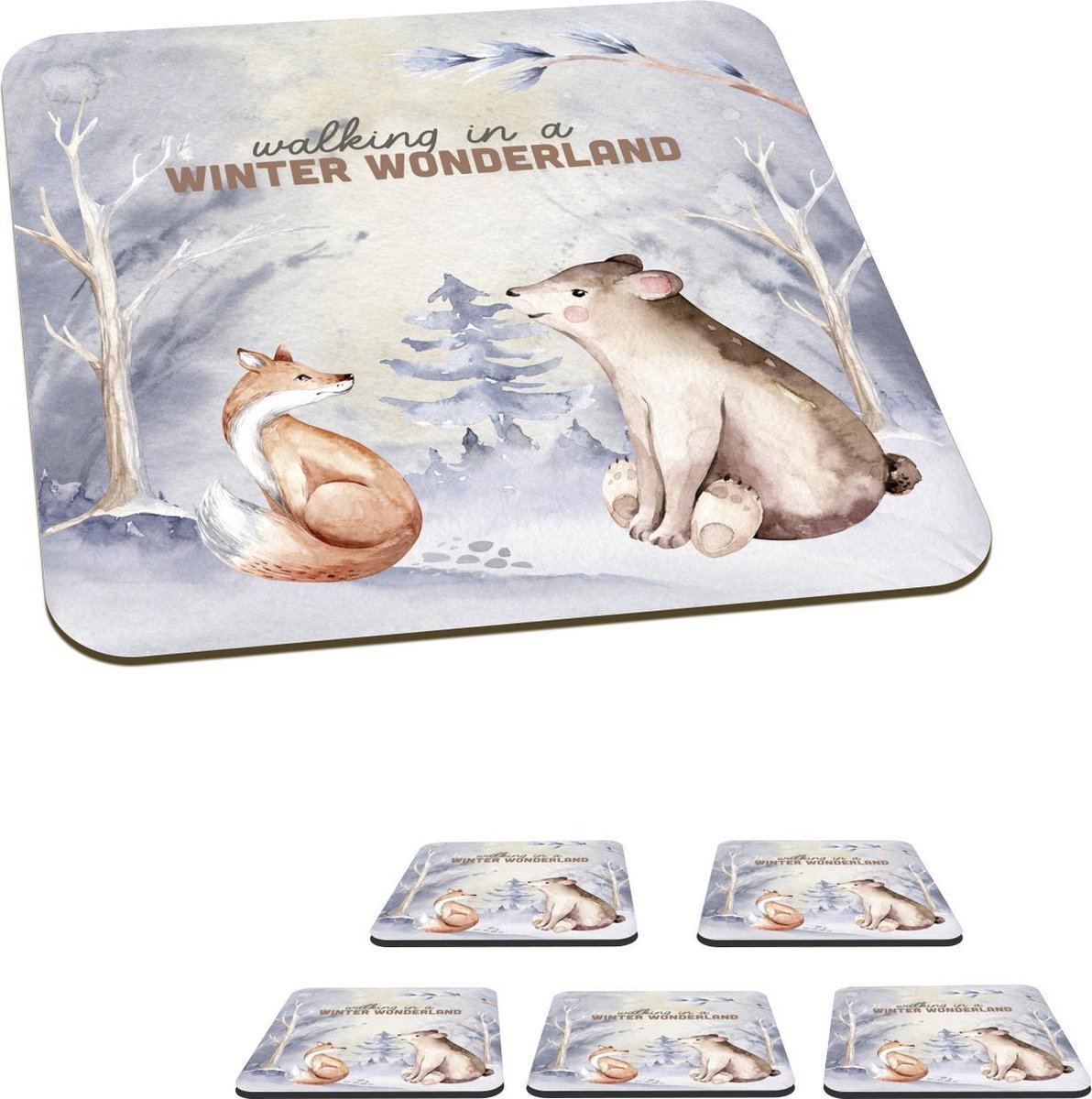 Onderzetters voor glazen - Winter - Beer - Vos - 10x10 cm - Glasonderzetters - 6 stuks