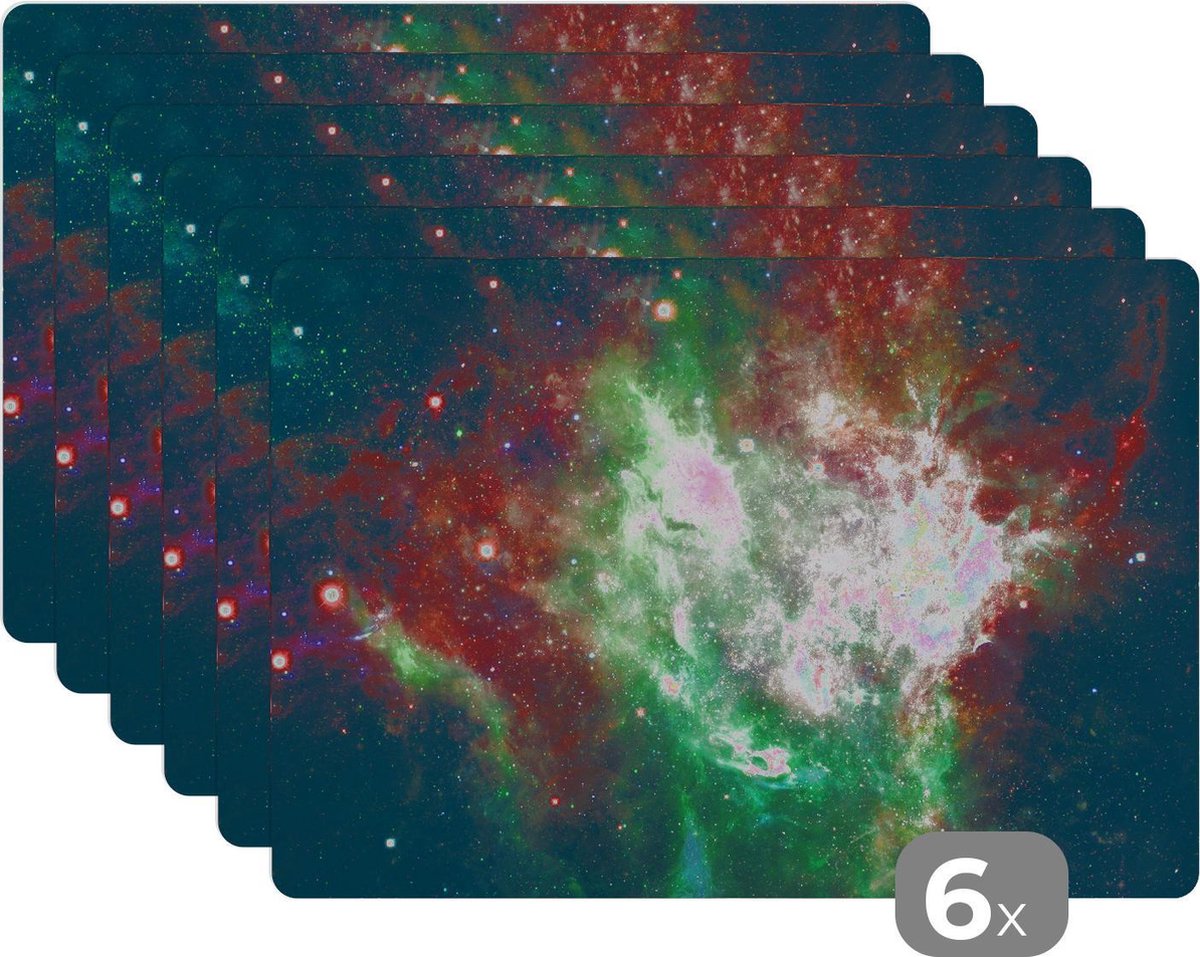 Placemat kinderen - Placemat - Placemats kunststof - Ruimte - Sterren - Groen - 45x30 cm - 6 stuks - Hittebestendig - Anti-Slip - Onderlegger - Afneembaar