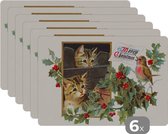 Placemat - Placemats kunststof - Kerst - Katten - Vogel - 45x30 cm - 6 stuks - Hittebestendig - Anti-Slip - Onderlegger - Afneembaar