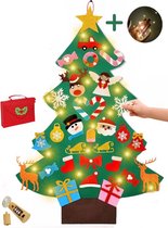 Vilten mini kerstboom voor kinderen incl LED kerstverlichting, Glitter kerstversiering en kerstmuts – Met handige opbergtas
