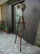 Staande Lamp Nautische Seinlamp op houten driepoot Statief - Vintage  - Studiospot - Theaterspot  -  Scheepslamp - Industrieel - Zoeklicht - Seinlamp - Zoeklamp - Zoeklicht