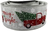 Kerst Lint met IJzerdraad | Jute Burlap Look Lint | Luxe Weefband 63mm (6,3cm) | Merry and Bright Christmas Truck | Kerst Truck | Grijs Rood Zilver Glitter | Cadeaulint | Lengte: 3