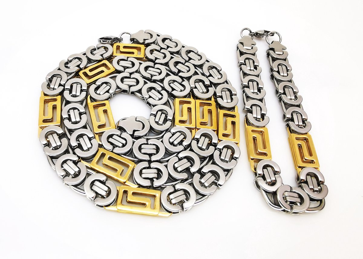 Set Konings-Schakel-ketting met armband- Chirurgisch Staal-Bicolor, ketting L 70 cm, armband 23 cm,-Br 10 mm