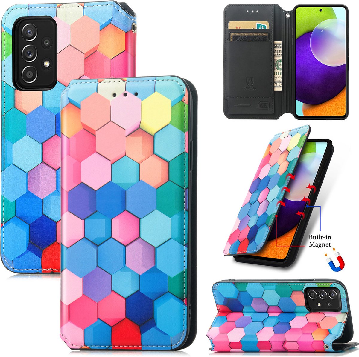 Luxe PU Lederen Wallet Case + PMMA Screenprotector voor Galaxy A52 / A52s_ kleurrijke Honingraat