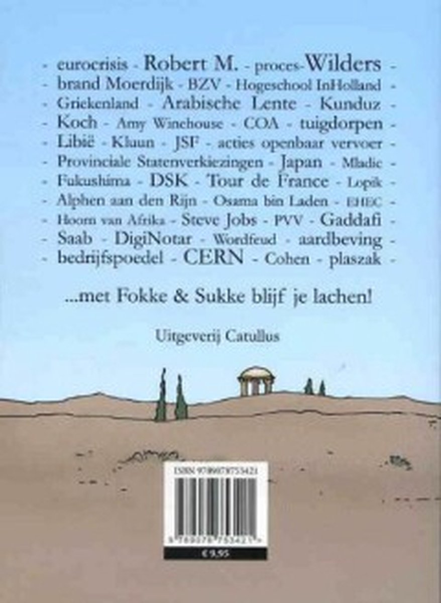 Boekomslag met tekst '...met Fokke & Sukke blijf je lachen!' en een opsomming van onderwerpen uit 2011. Rechtsonder een afbeelding van een dor landschap.